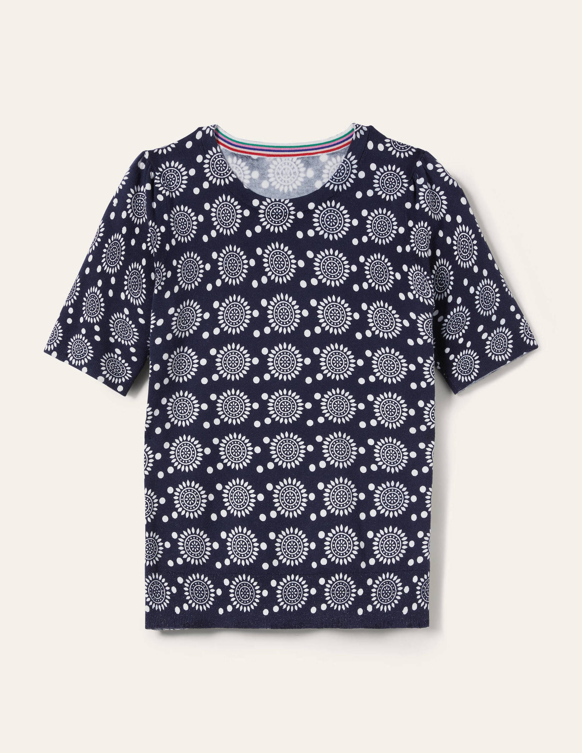 Cotton Crew Knitted Top-French Navy, Sun Geo-6