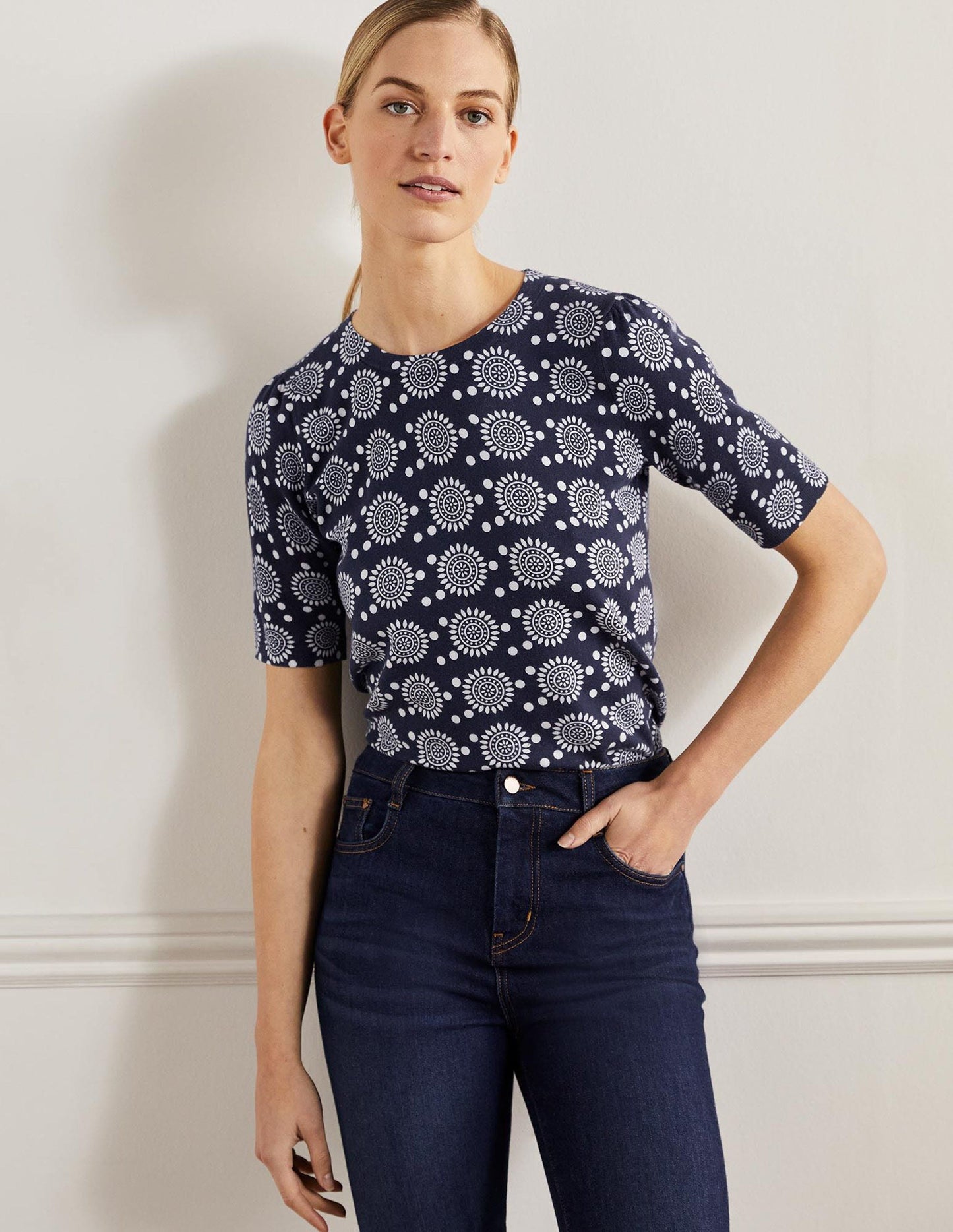 Cotton Crew Knitted Top-French Navy, Sun Geo