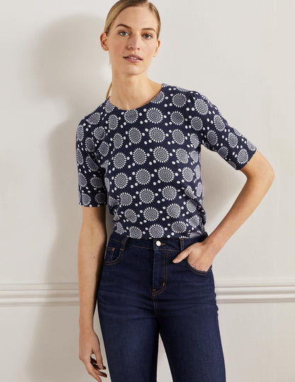 Cotton Crew Knitted Top-French Navy, Sun Geo-1