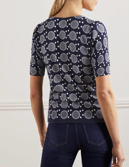 Cotton Crew Knitted Top-French Navy, Sun Geo-3