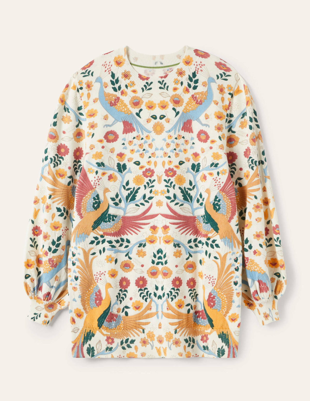 Gemusterter Baumwollpullover-Naturweiß, Bezaubernder Pfau-7