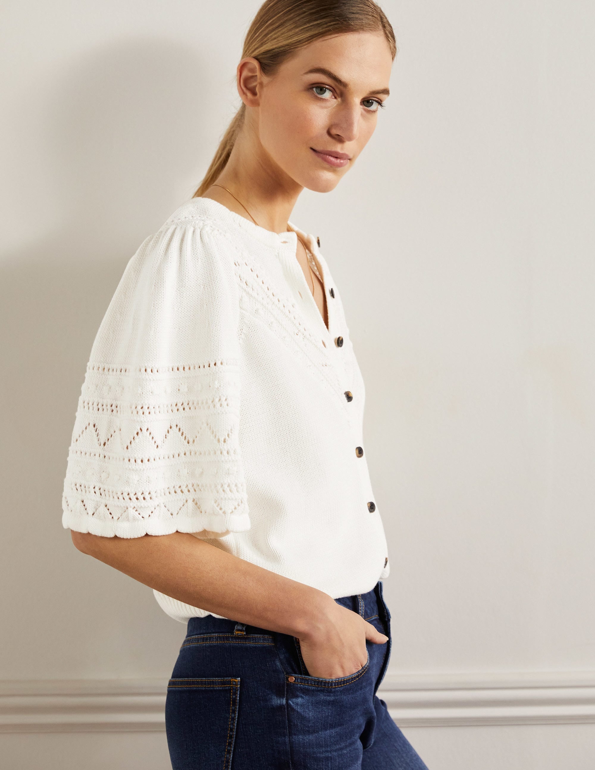 Häkel-Cardigan mit weiten Ärmeln-Naturweiß - Image 4