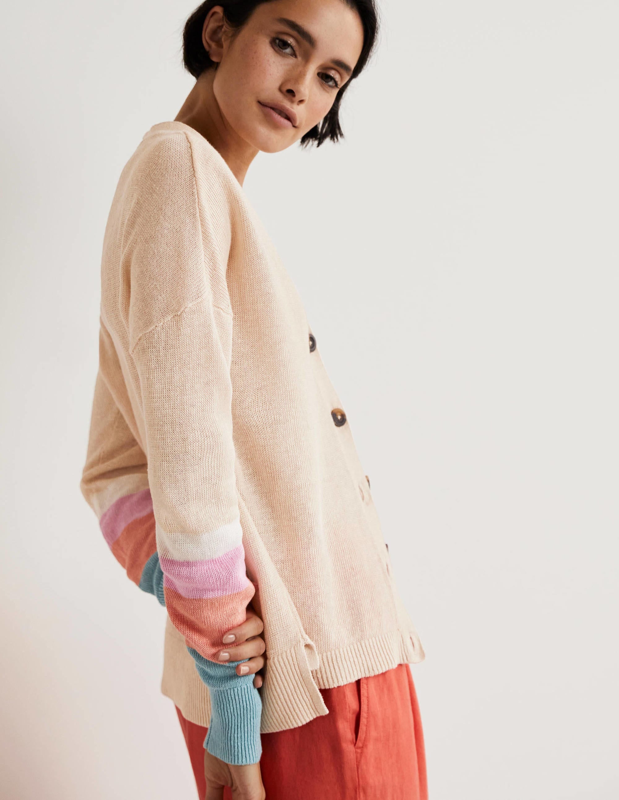 Gilet colourblock en lin-Bonbon corail craie - Image 5