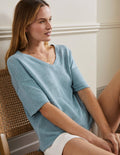 T-shirt col V en lin-Pied d'alouette