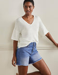 T-shirt col V en lin-Ivoire