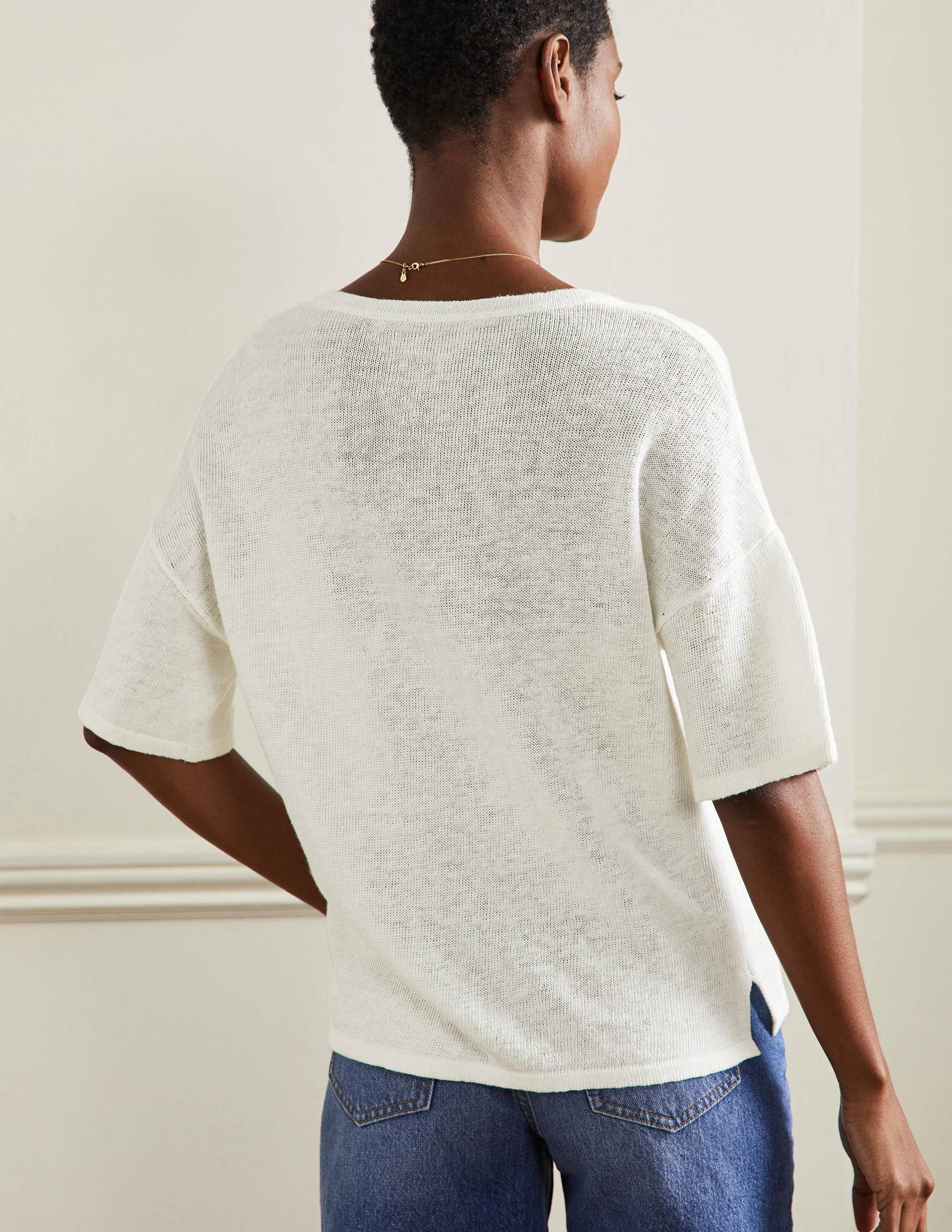 T-shirt col V en lin-Ivoire-3