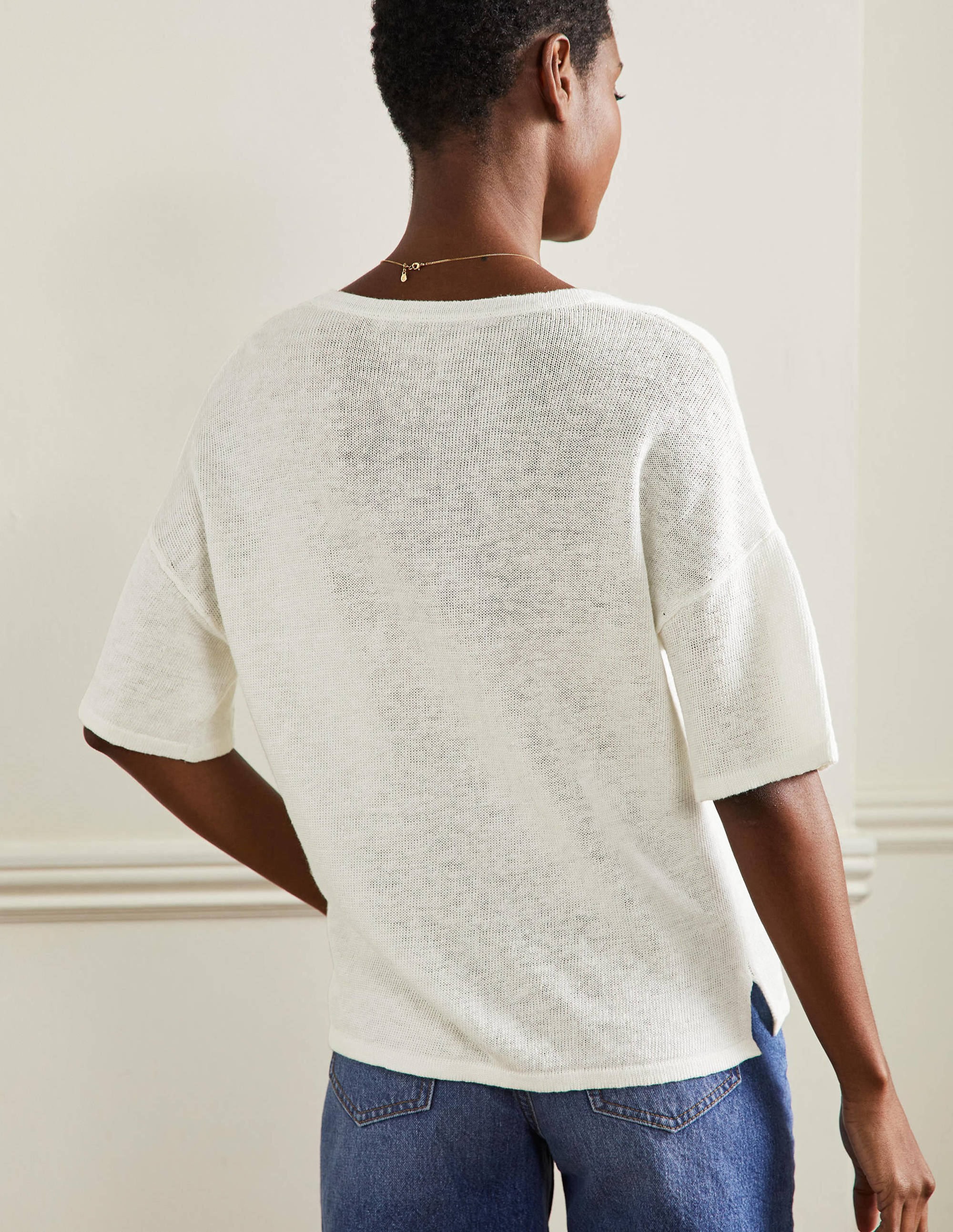 T-shirt col V en lin-Ivoire - Image 3