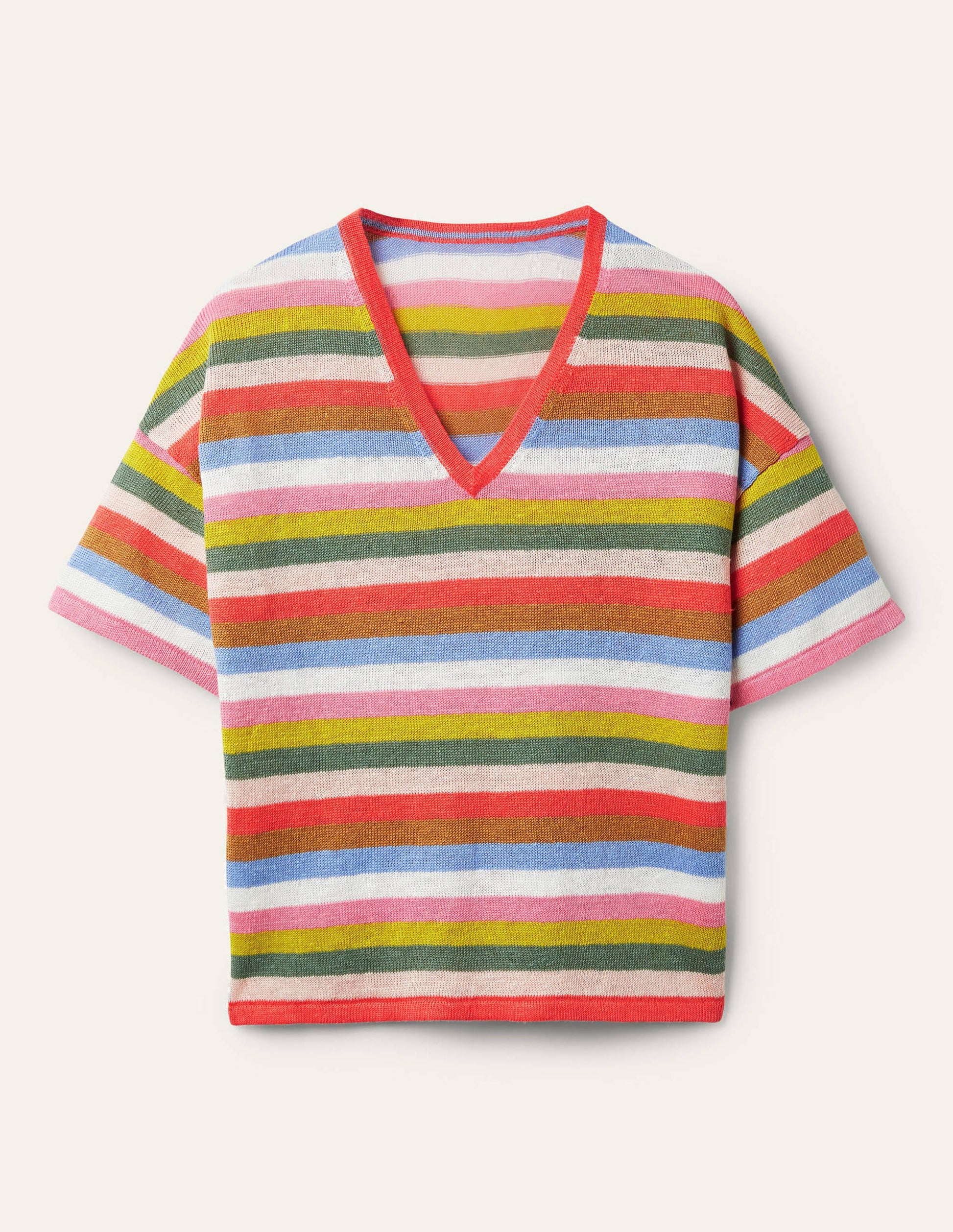 T-shirt col V en lin-Arc-en-ciel corail vif-6