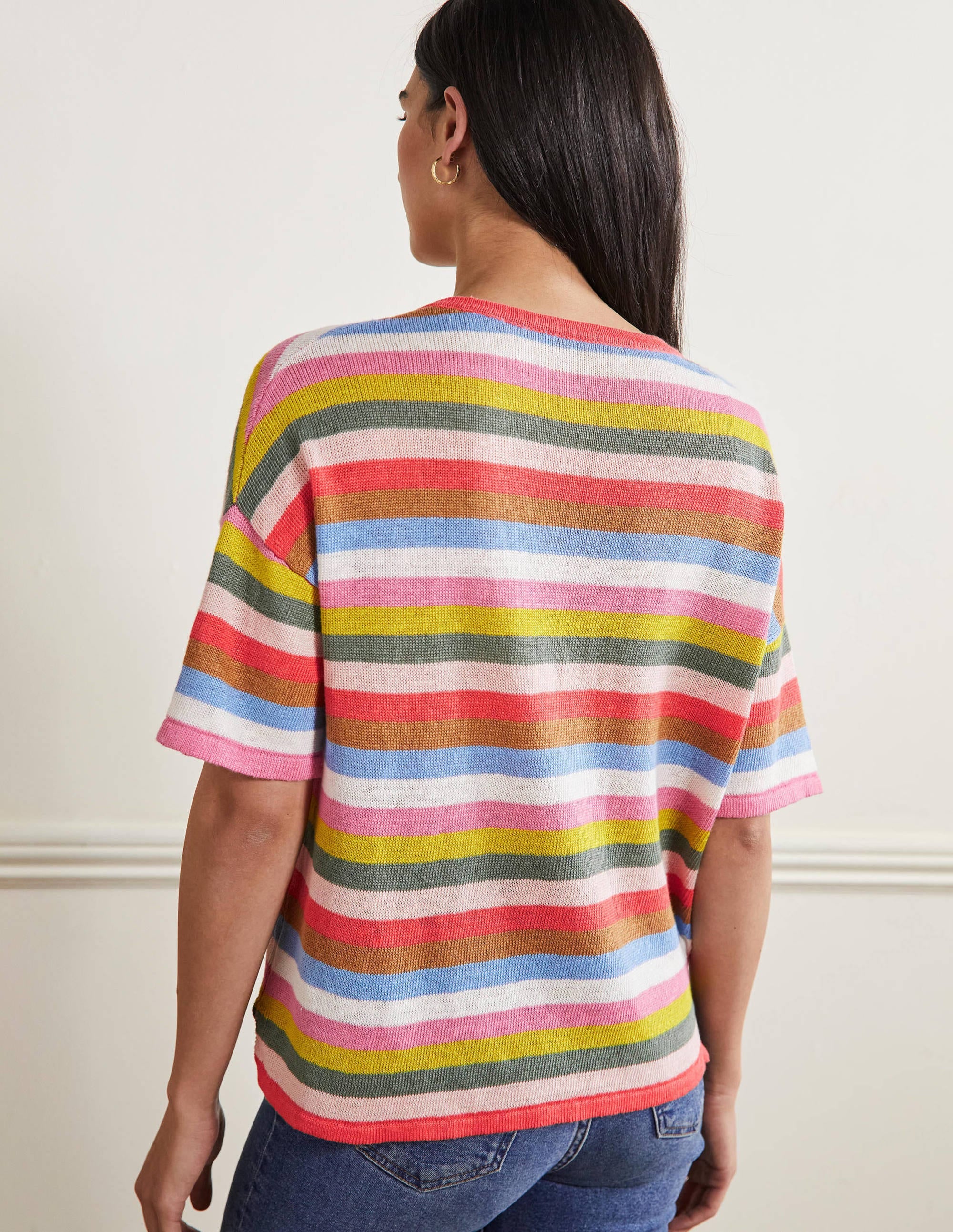 T-shirt col V en lin-Arc-en-ciel corail vif - Image 3