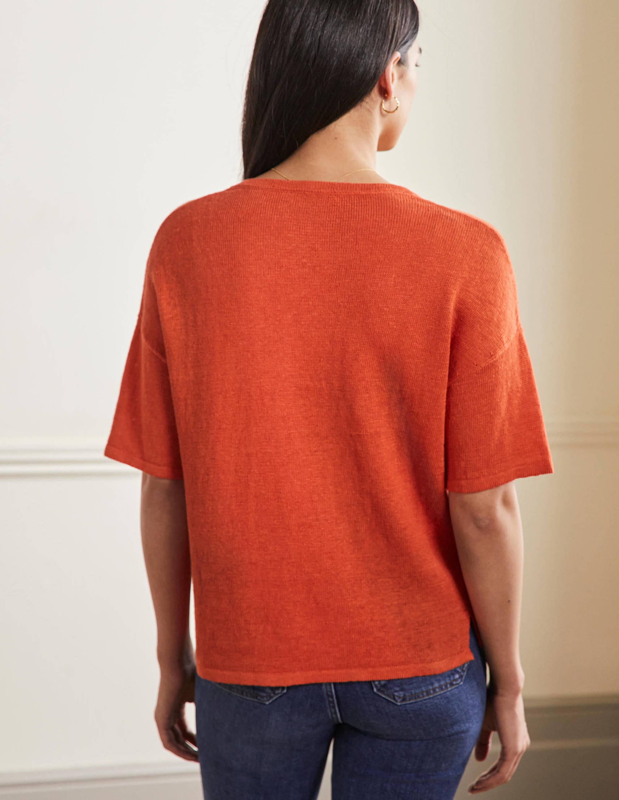 Leinen-T-Shirt mit V-Ausschnitt-Kräftiges Papayaorange - Image 3