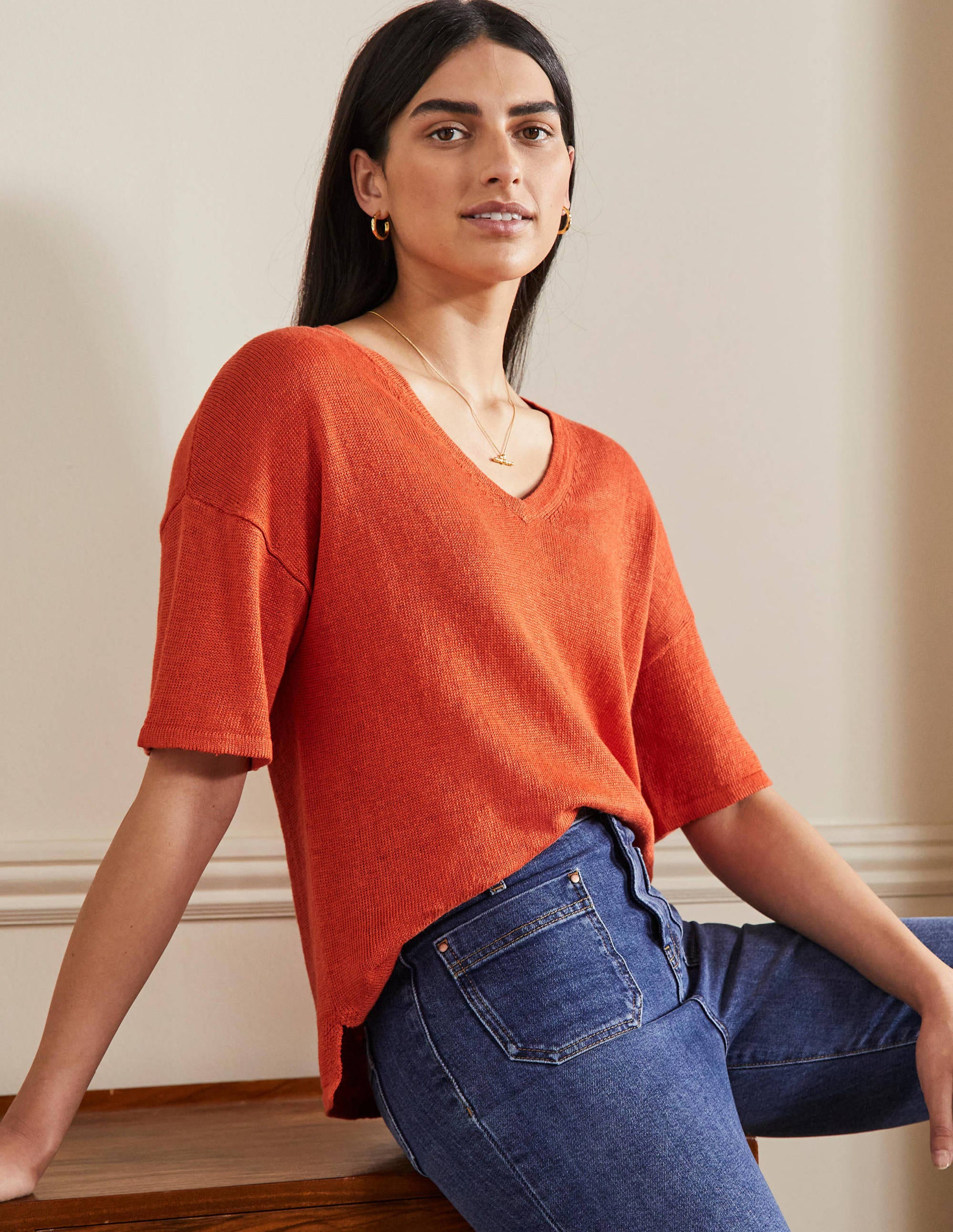 Leinen-T-Shirt mit V-Ausschnitt-Kräftiges Papayaorange - Image 4