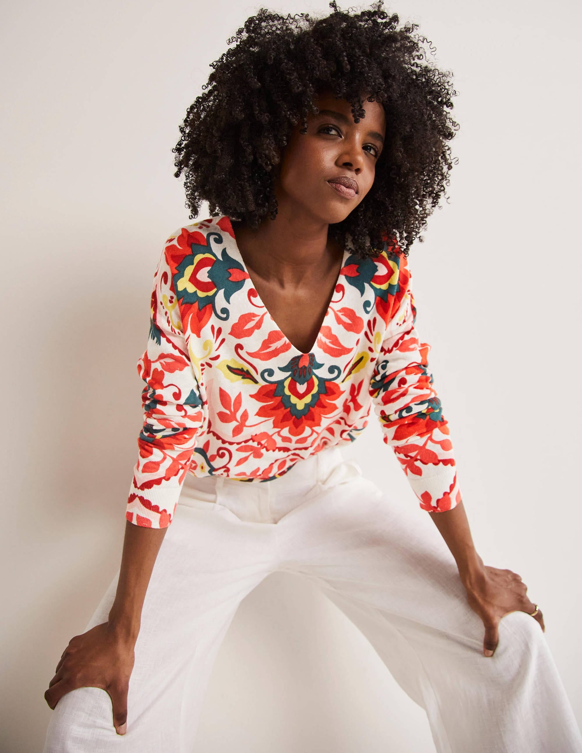 Pull col V imprimé décontracté-Multi, motif Moroccan Bloom - Image 1