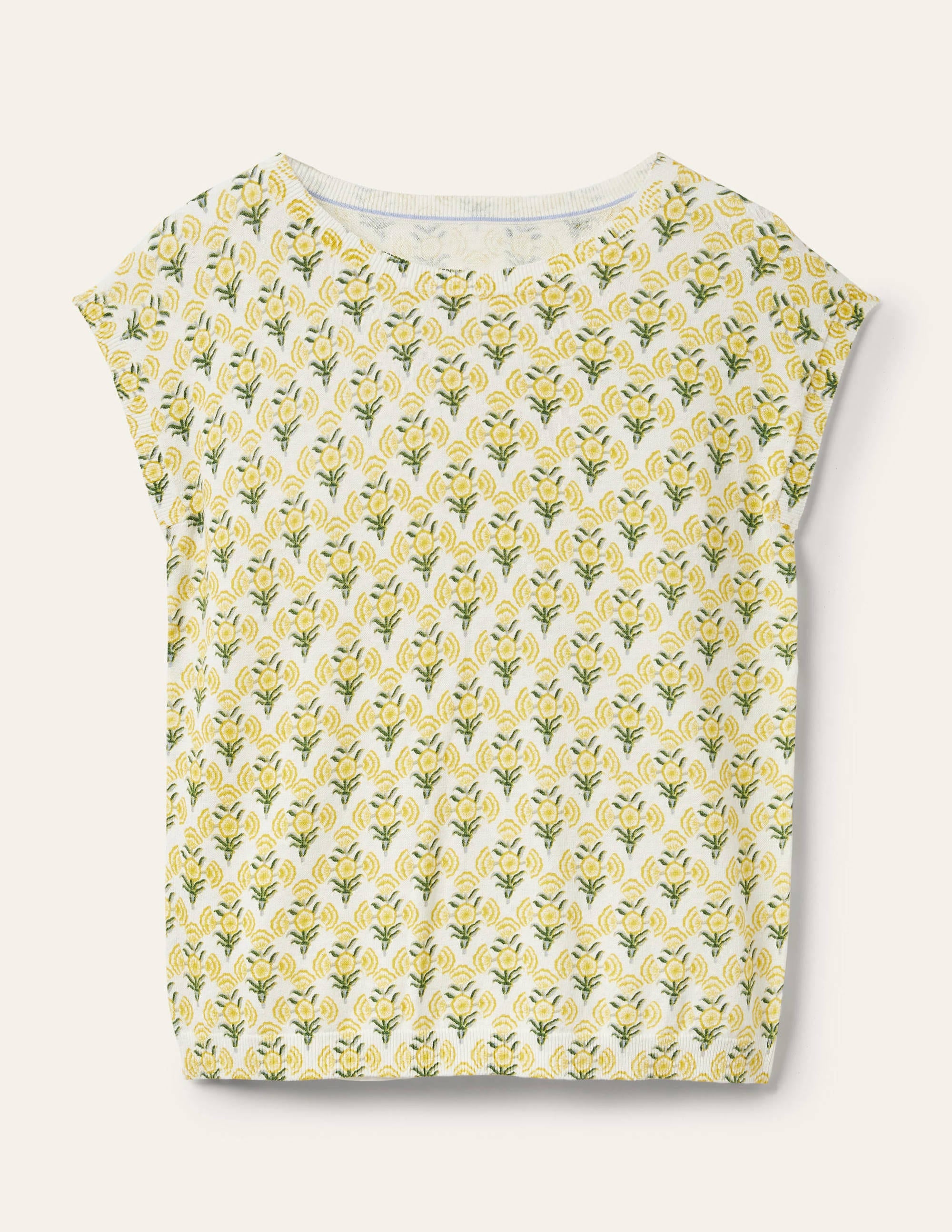 Gemustertes Stricktop mit Rundhalsausschnitt-Olivenölgelb, Geometrisches Blumenmuster - Image 6