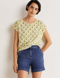 Gemustertes Stricktop mit Rundhalsausschnitt-Olivenölgelb, Geometrisches Blumenmuster