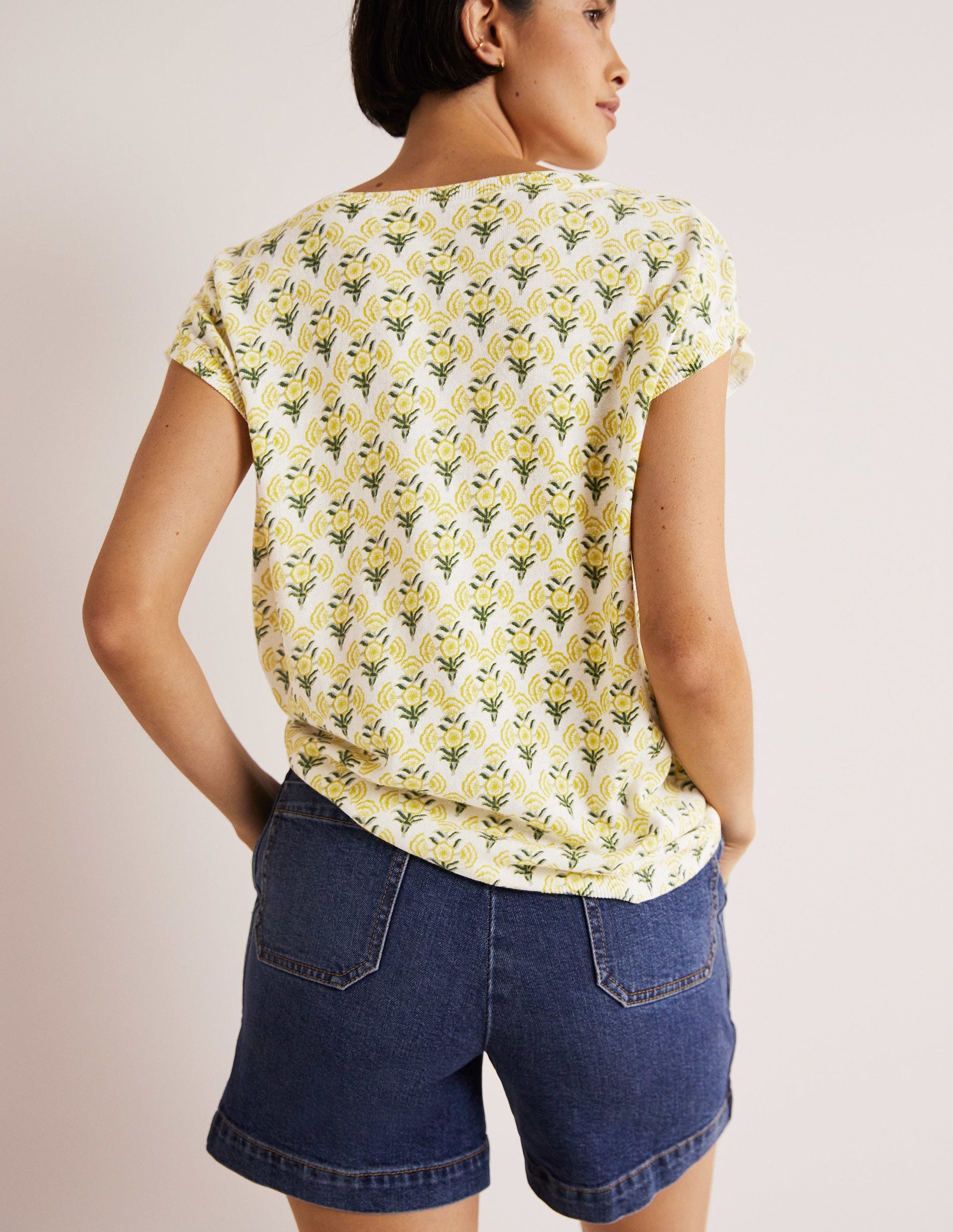 Gemustertes Stricktop mit Rundhalsausschnitt-Olivenölgelb, Geometrisches Blumenmuster-3