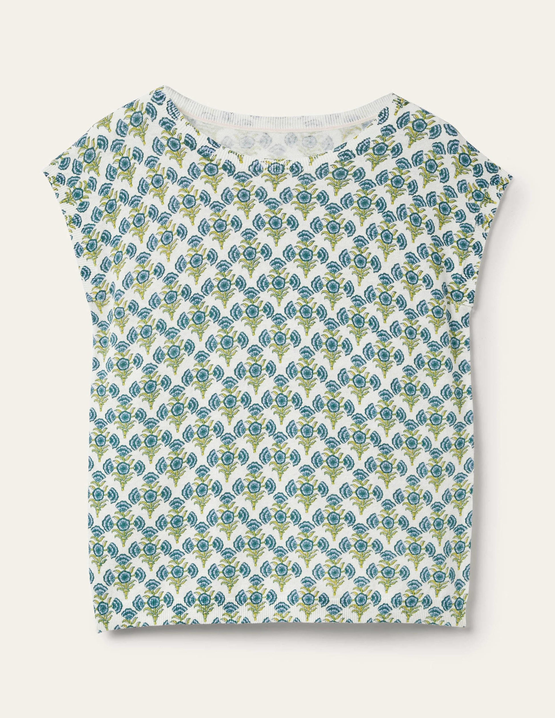 Gemustertes Stricktop mit Rundhalsausschnitt-Vergissmeinnicht-Blau, Geometrisches Blumenmuster-7