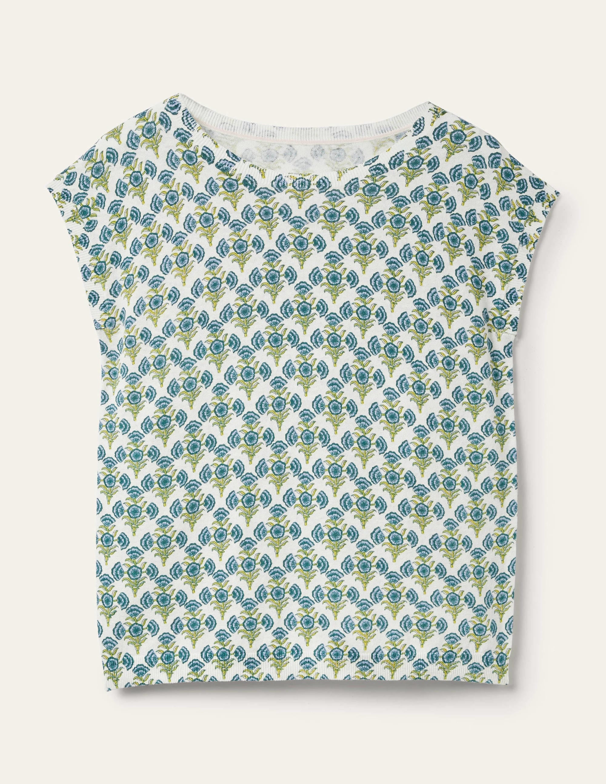 Gemustertes Stricktop mit Rundhalsausschnitt-Vergissmeinnicht-Blau, Geometrisches Blumenmuster - Image 7