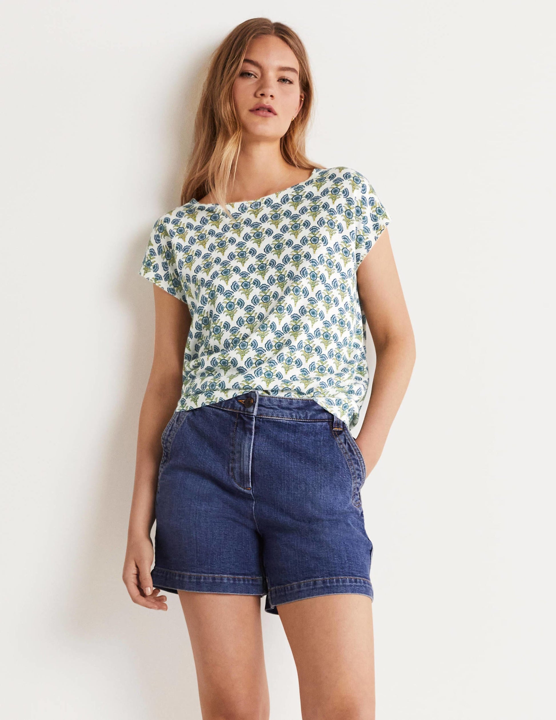 Gemustertes Stricktop mit Rundhalsausschnitt-Vergissmeinnicht-Blau, Geometrisches Blumenmuster-5