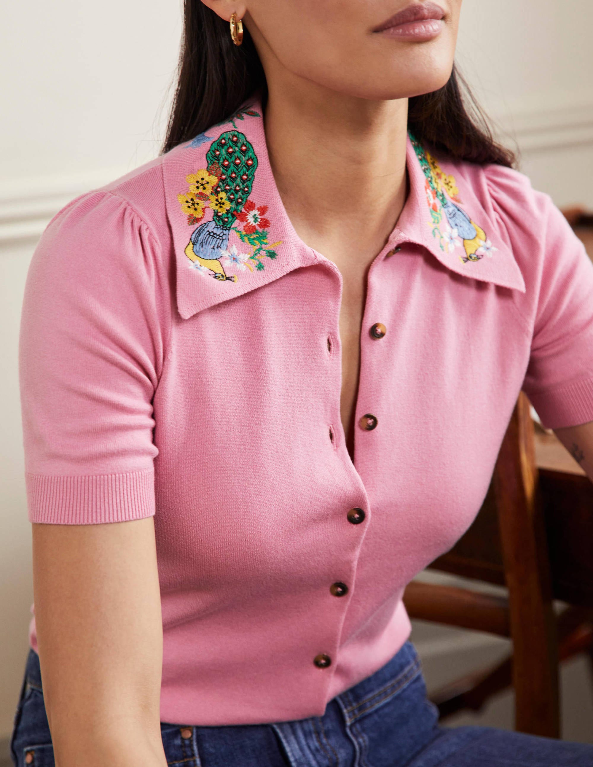 Cardigan mit besticktem Kragen-Blümchenrosa - Image 1