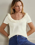 Crochet Scallop Knit T-shirt-Ivory