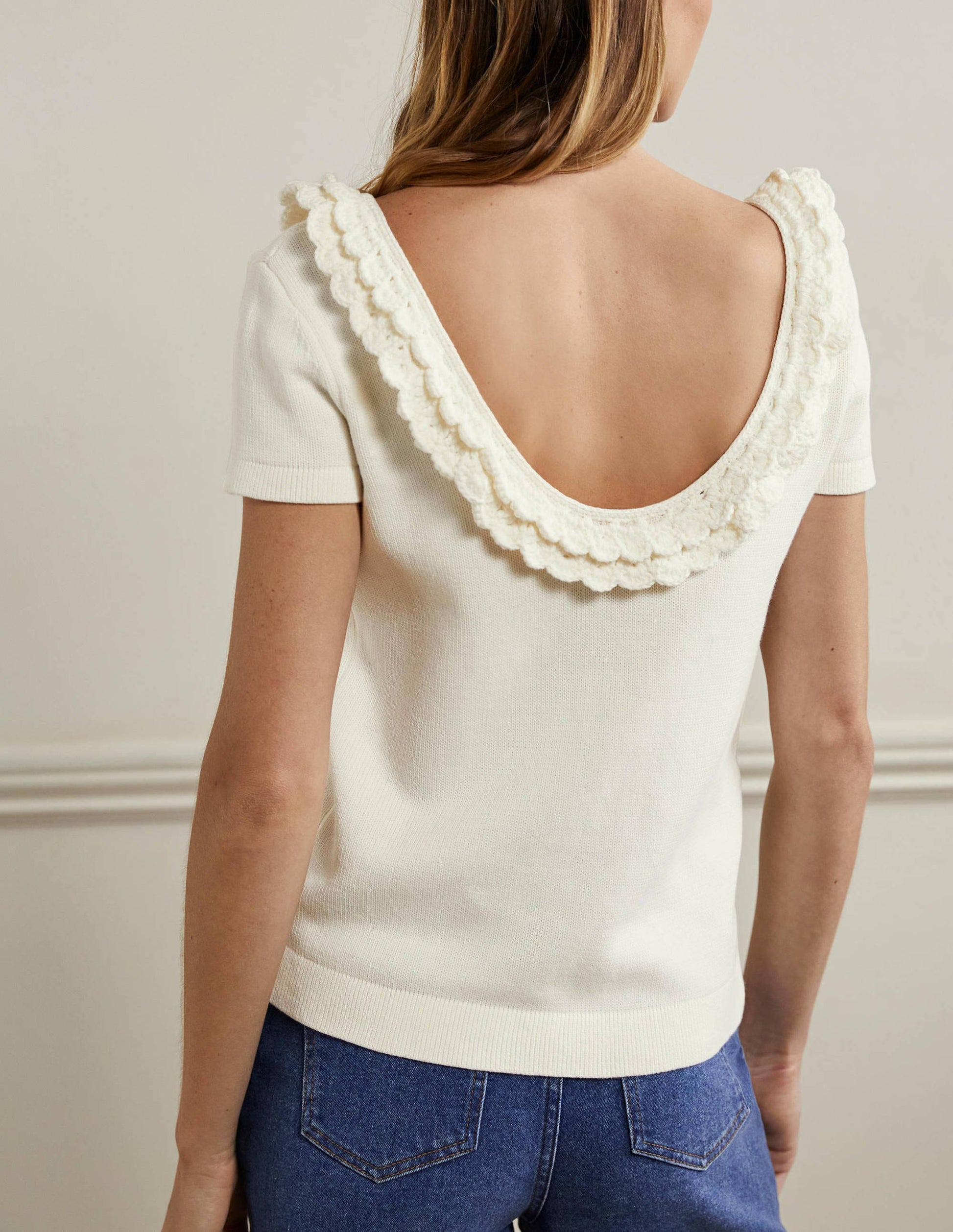 Crochet Scallop Knit T-shirt-Ivory-3
