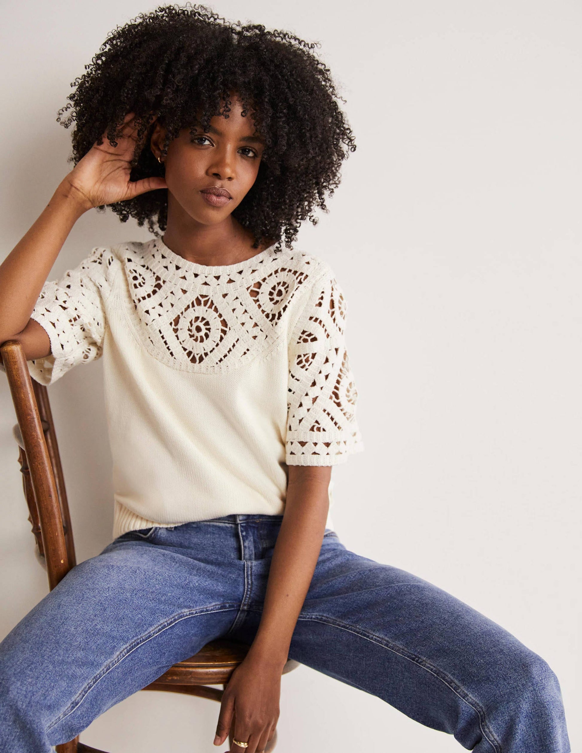 T-shirt en maille à détail crocheté-Ivoire-1
