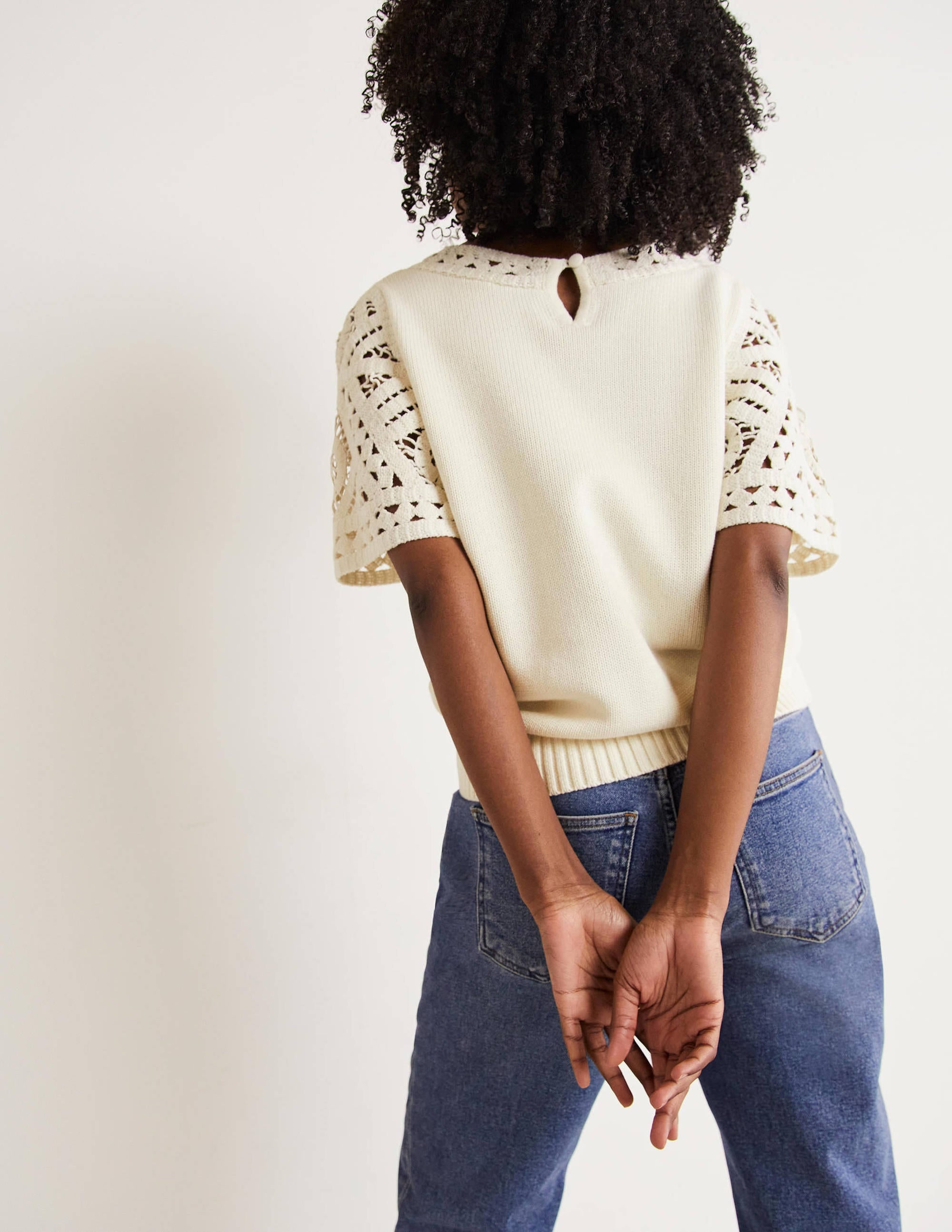 T-shirt en maille à détail crocheté-Ivoire - Image 3