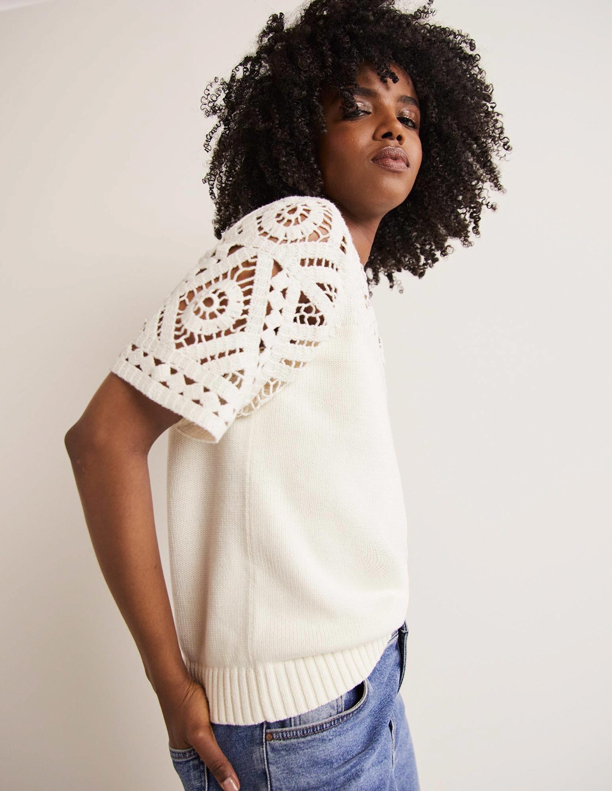 T-shirt en maille à détail crocheté-Ivoire - Image 5