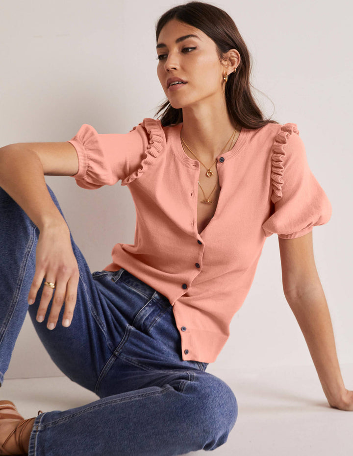 Frill Shoulder Cotton Cardigan-Chalky Coral Pink