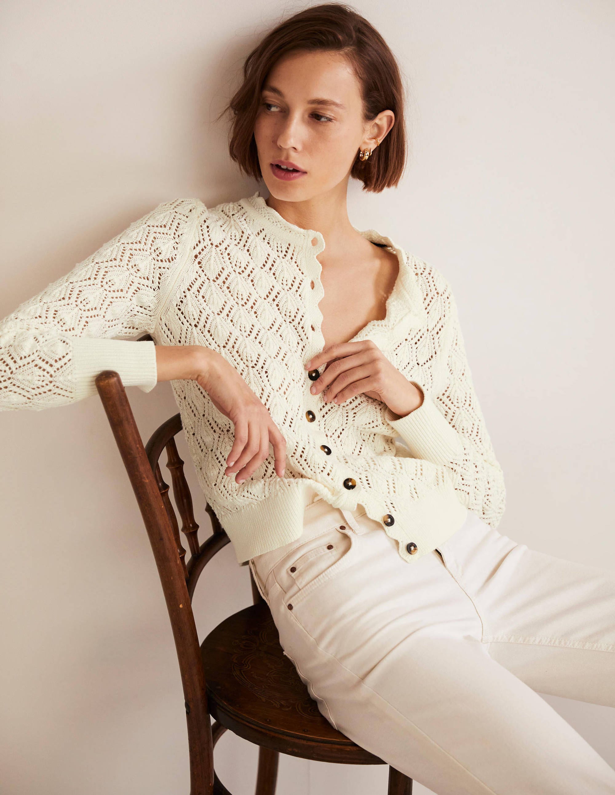 Cardigan mit Häkeldetails und Muschelsaum-Naturweiß - Image 3