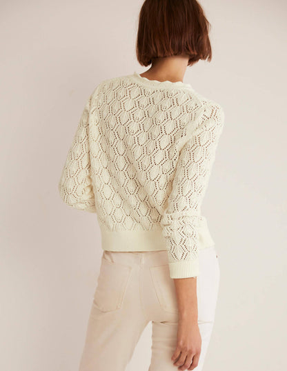 Cardigan mit Häkeldetails und Muschelsaum-Naturweiß