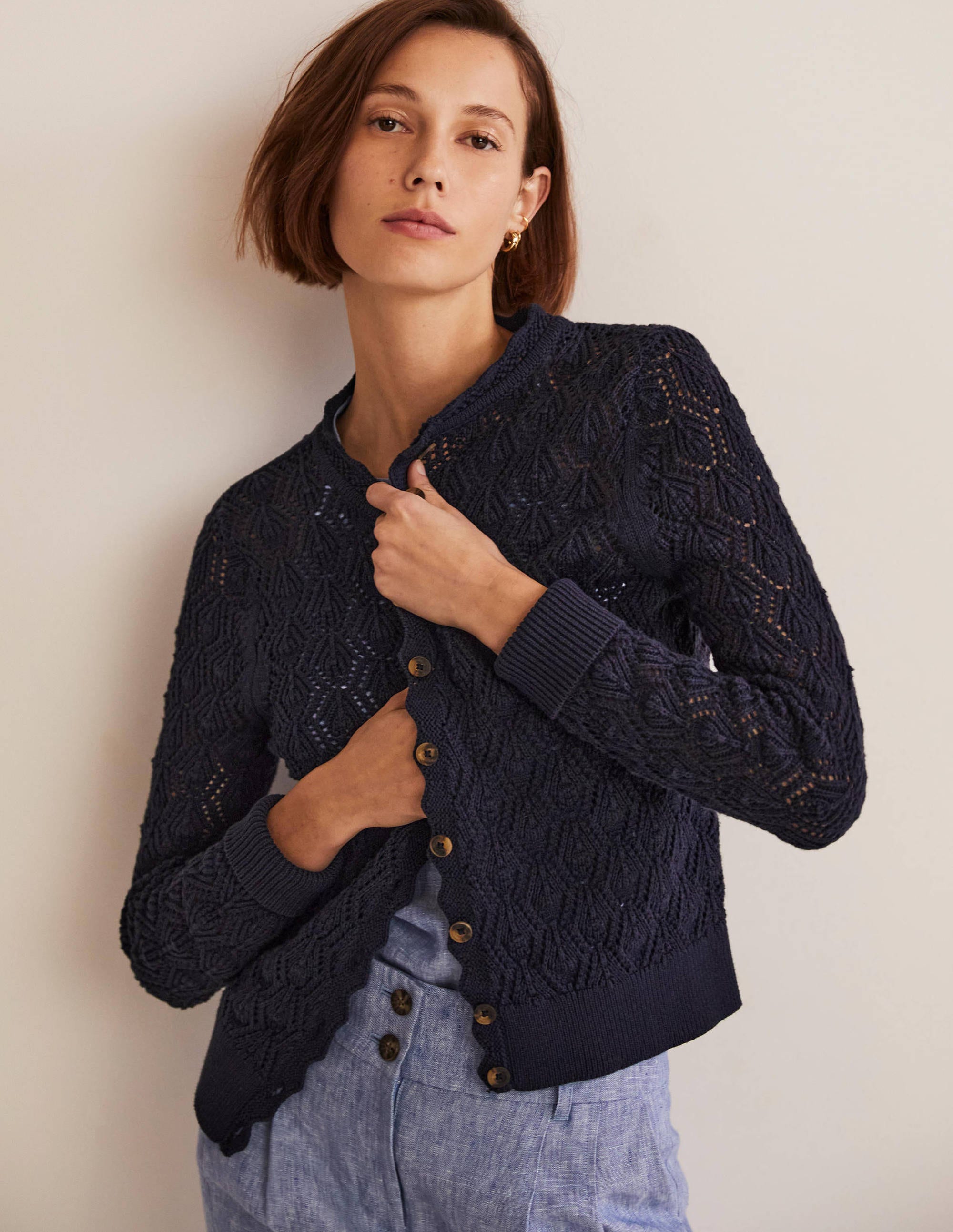 Gilet en crochet festonné-Bleu marine - Image 3