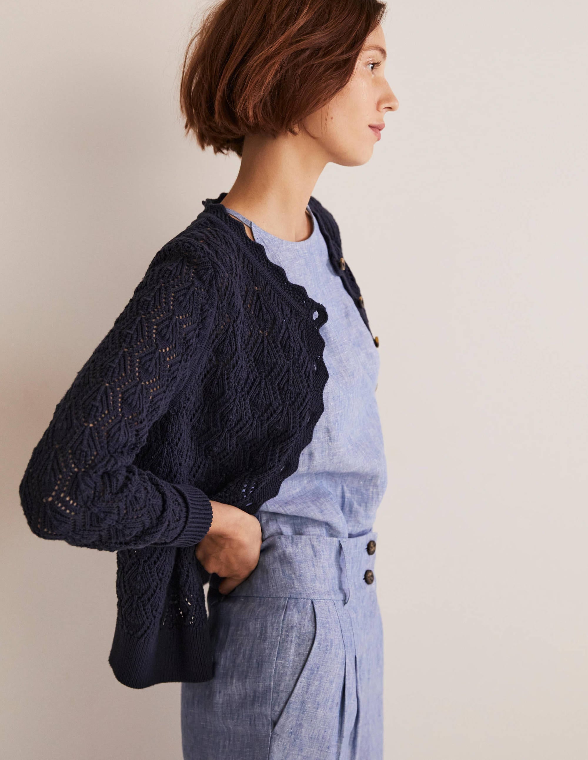 Gilet en crochet festonné-Bleu marine - Image 4