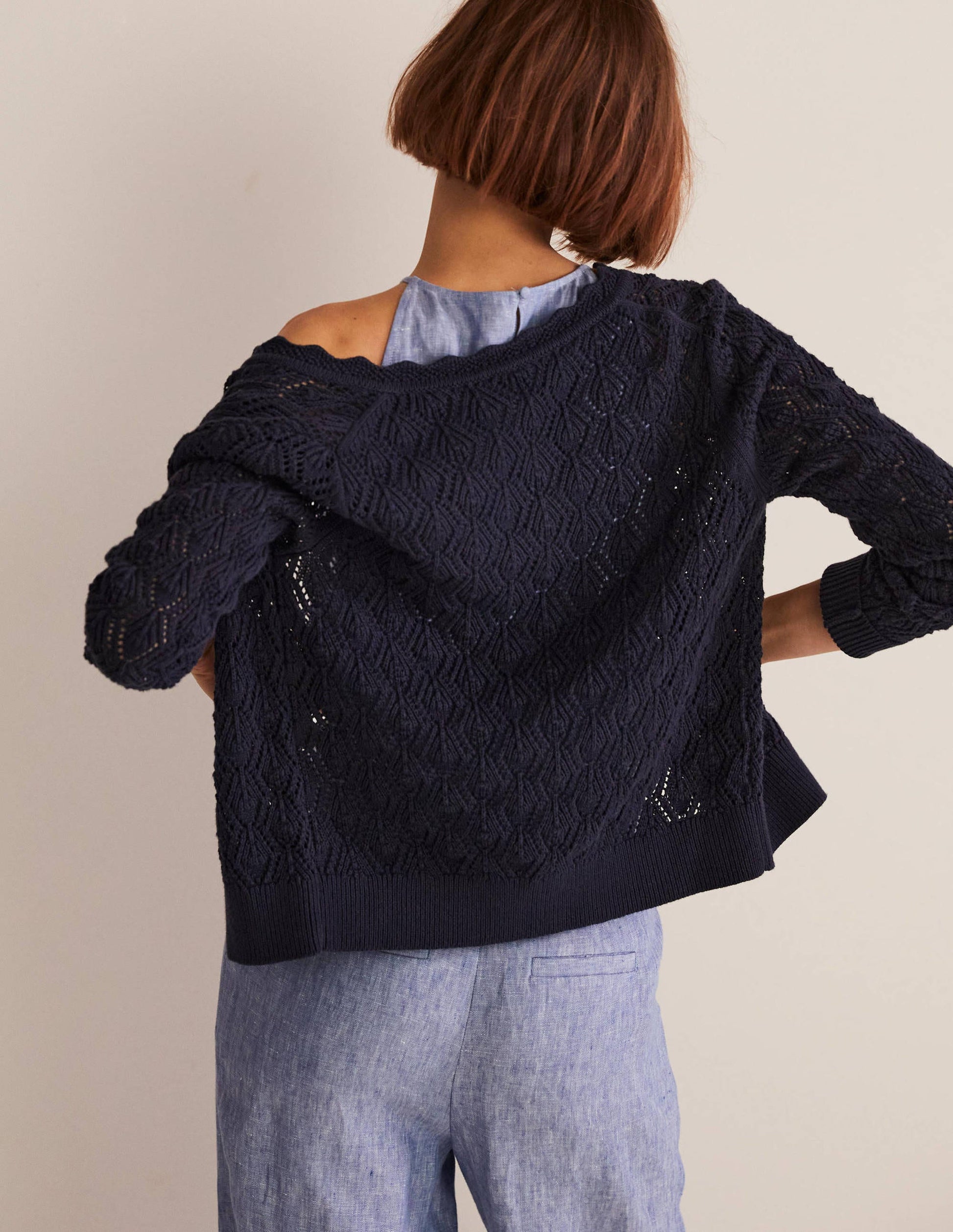 Gilet en crochet festonné-Bleu marine-5