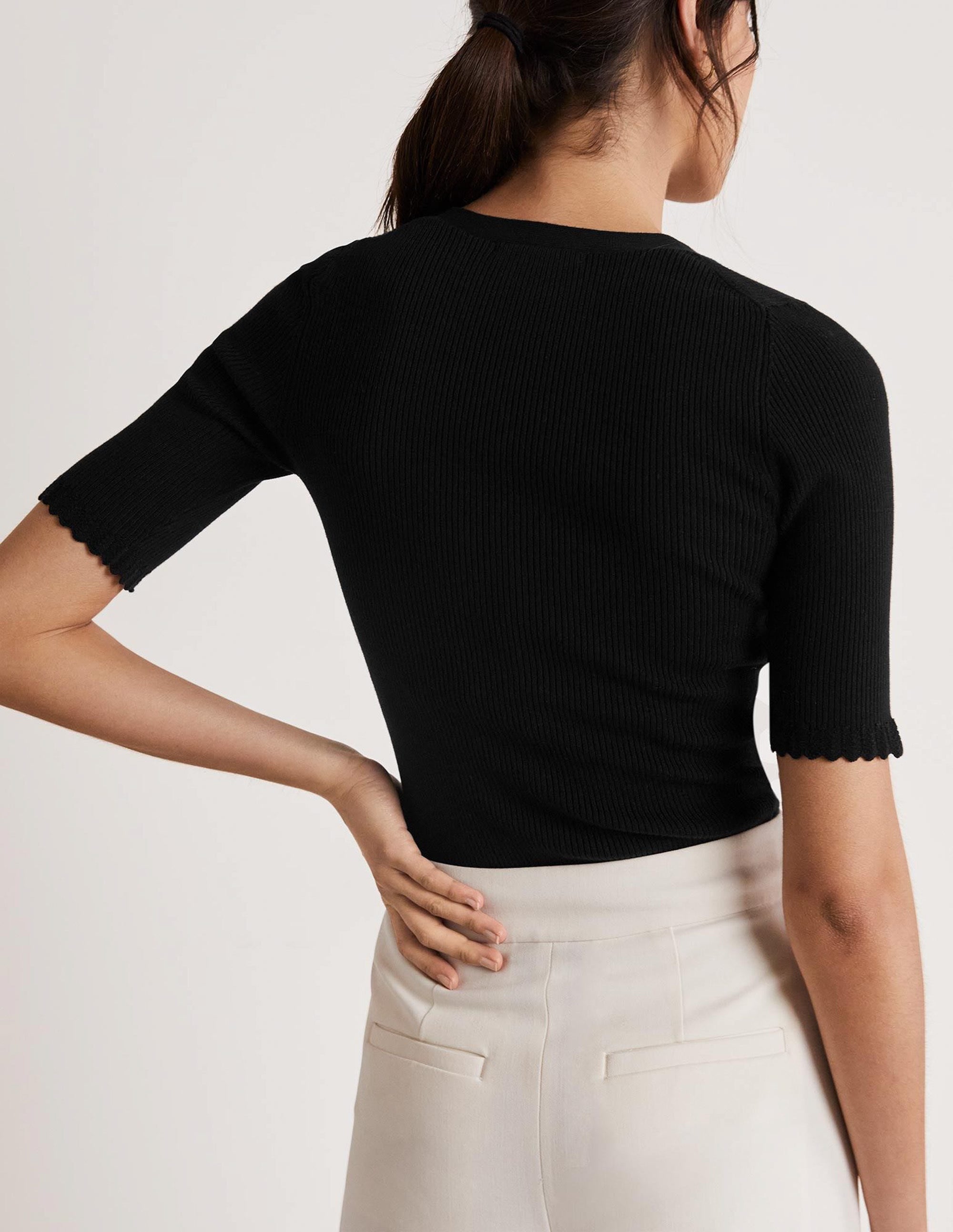 Ribbed Knitted T-shirt-Black - Image 3