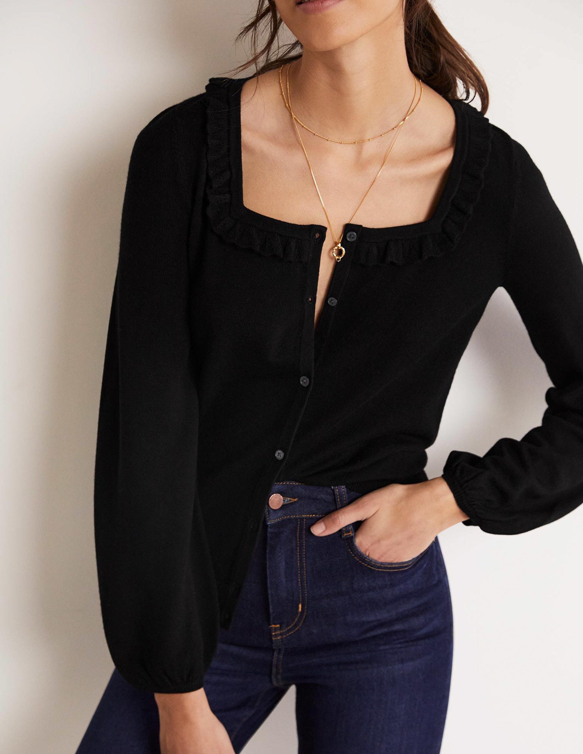 Square Neck Merino Cardigan-Black - Image 4