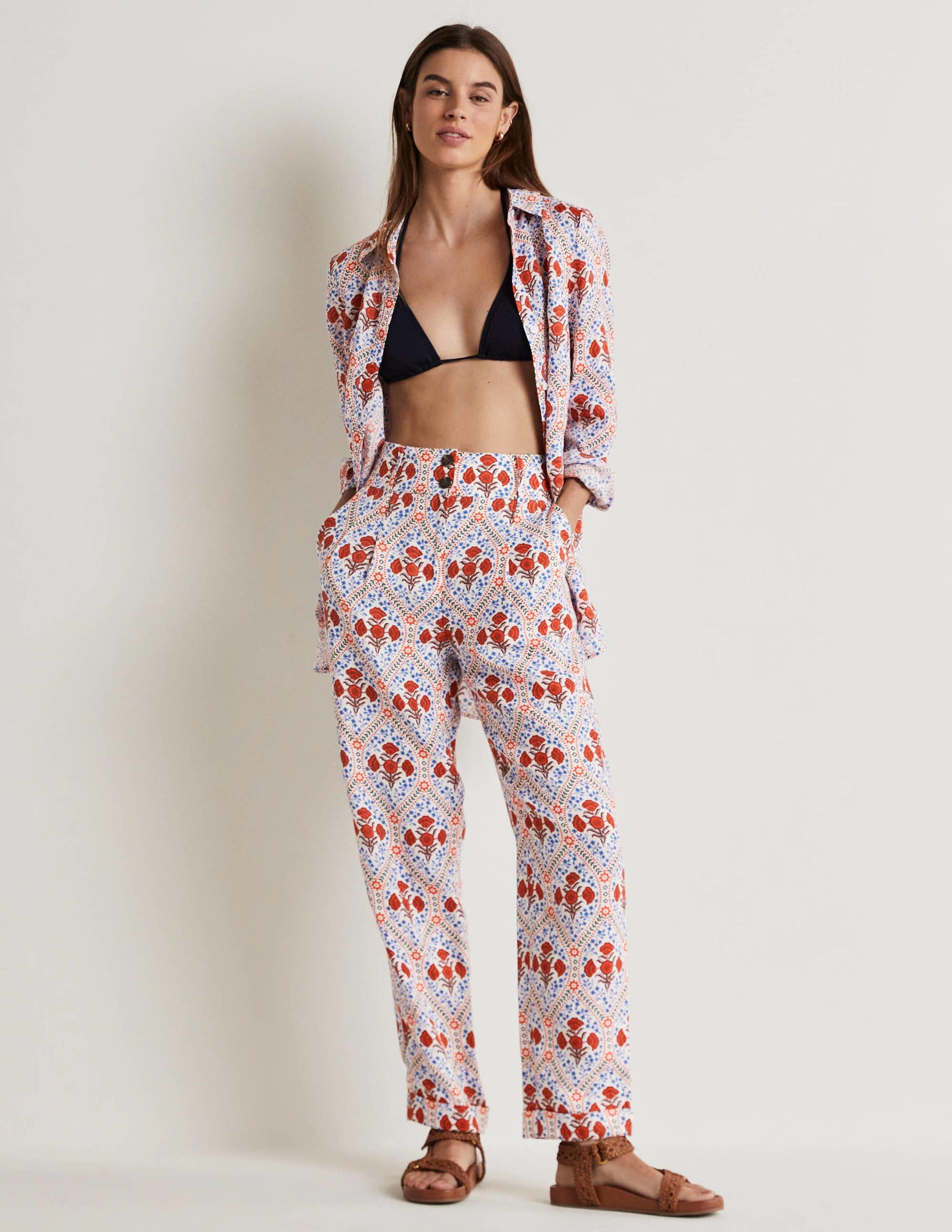Turn Up Linen Trousers-Ivory, Poppy Bloom-1