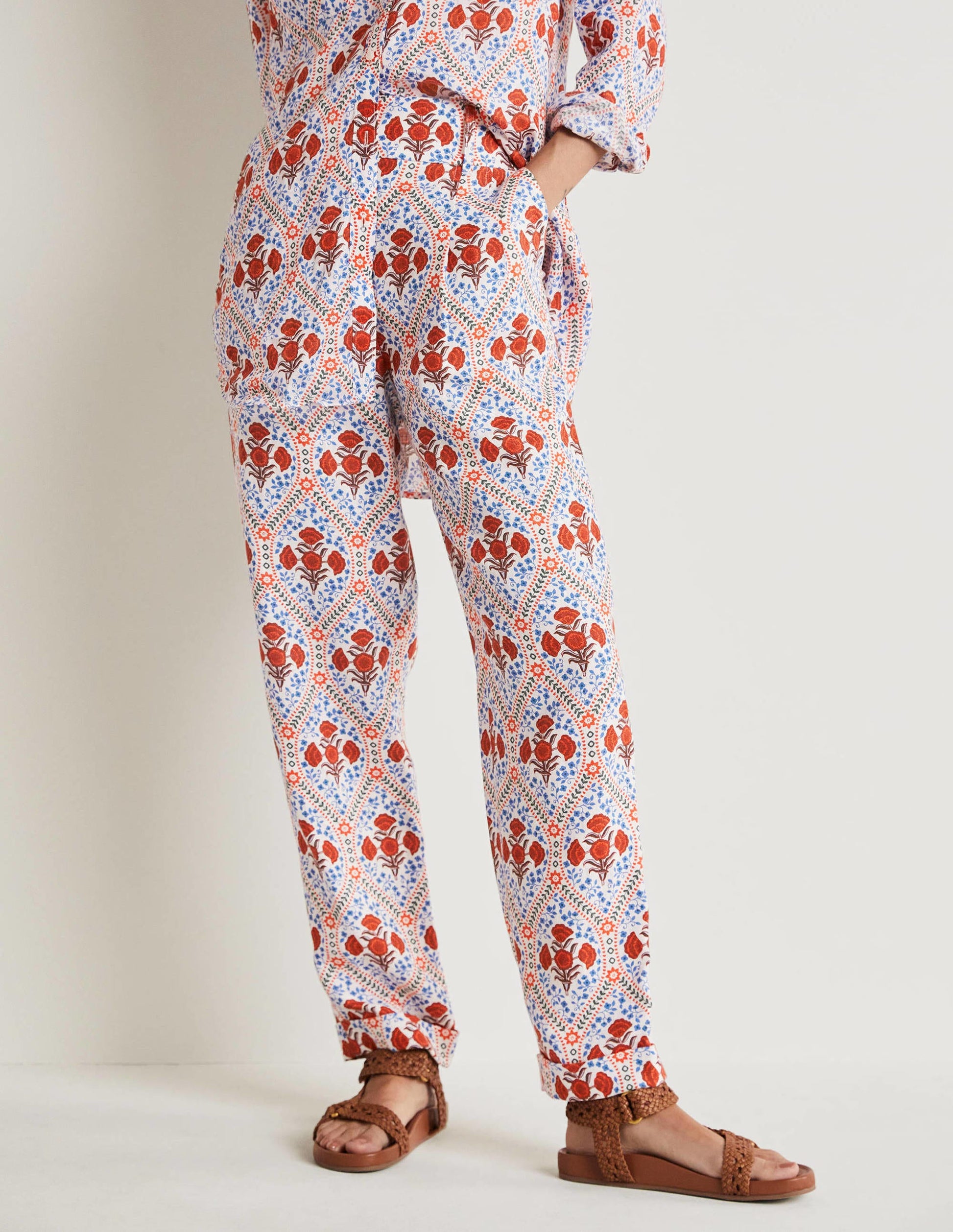 Turn Up Linen Trousers-Ivory, Poppy Bloom-4