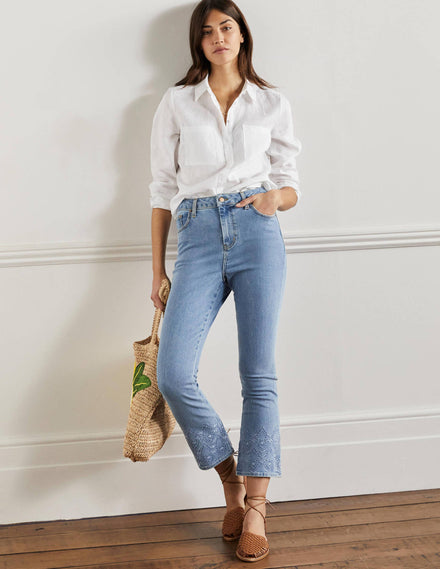 7/8-Jeans mit Schlag-Helles Vintageblau, Stickerei
