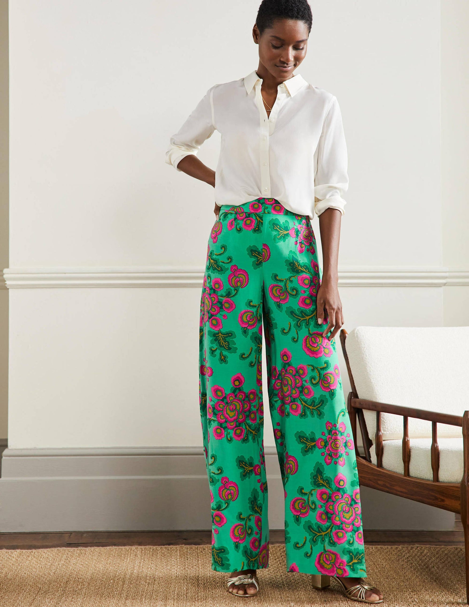 Zoe Palazzo-Hose mit weitem Bein-Ming-Grün, Wildblumen-1