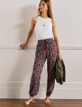 Pantalon fuselé effet froissé-Bleu marine foncé, motif Paisley Blush