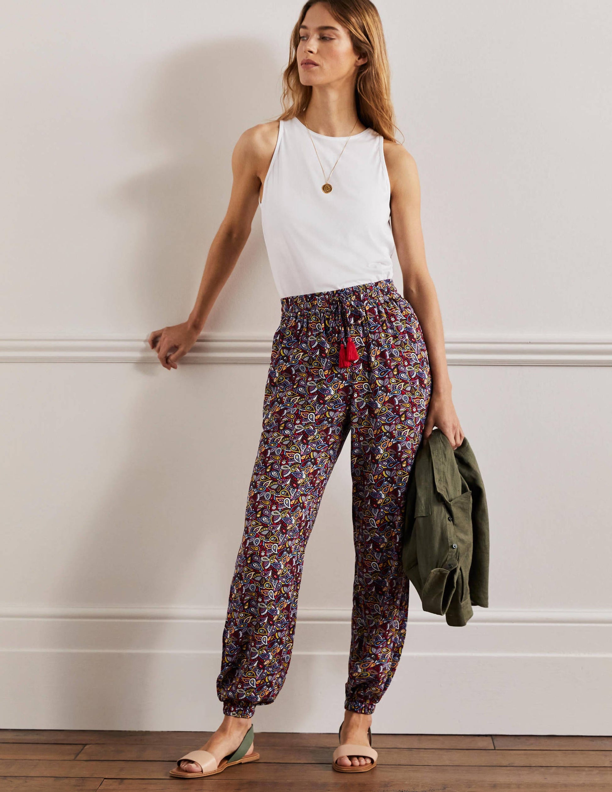 Pantalon fuselé effet froissé-Bleu marine foncé, motif Paisley Blush-1