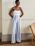 Leinenhose mit weitem Bein-Glockenblumenblau/Naturweiß, Gestreift