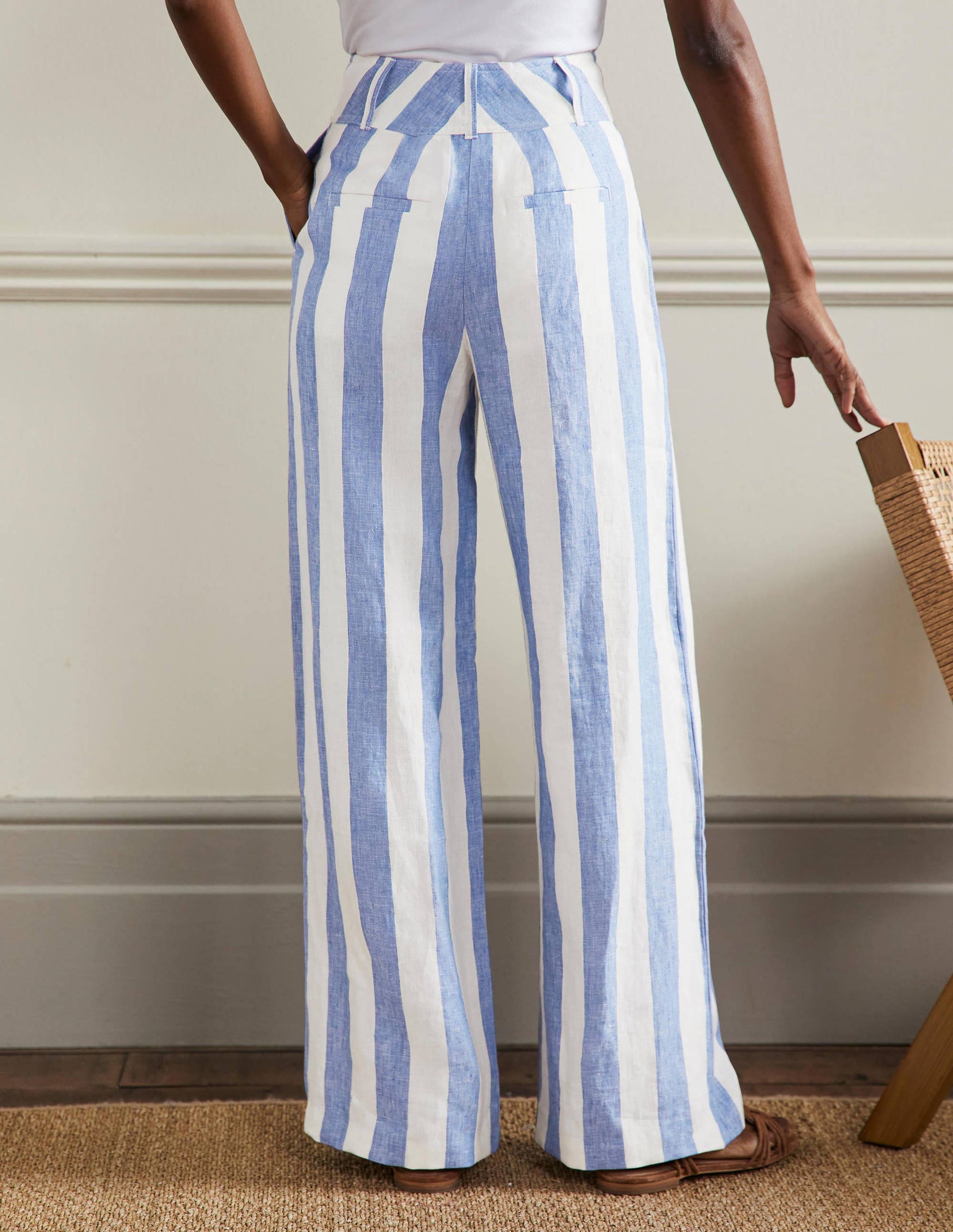 Leinenhose mit weitem Bein-Glockenblumenblau/Naturweiß, Gestreift-3
