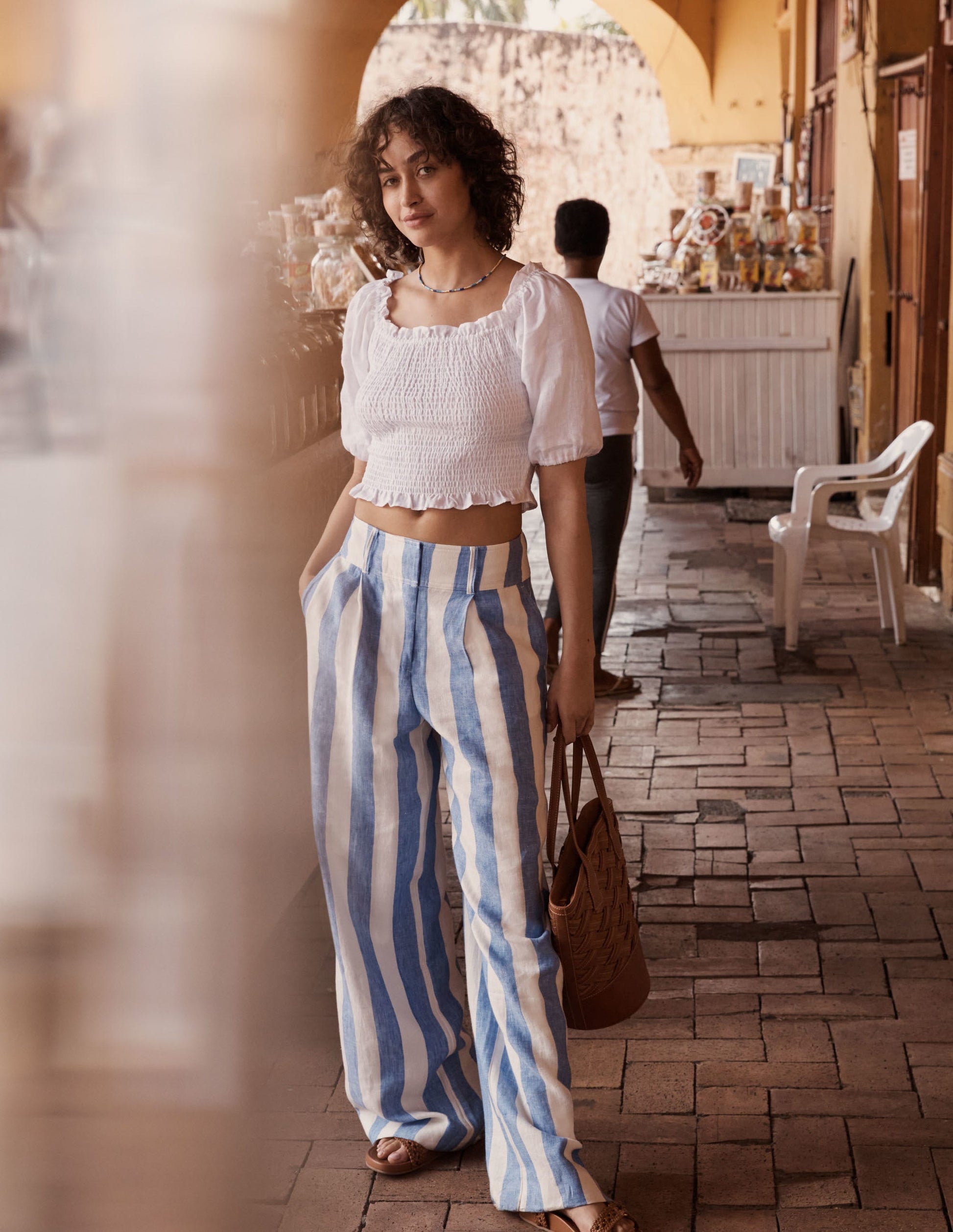 Leinenhose mit weitem Bein-Glockenblumenblau/Naturweiß, Gestreift-5