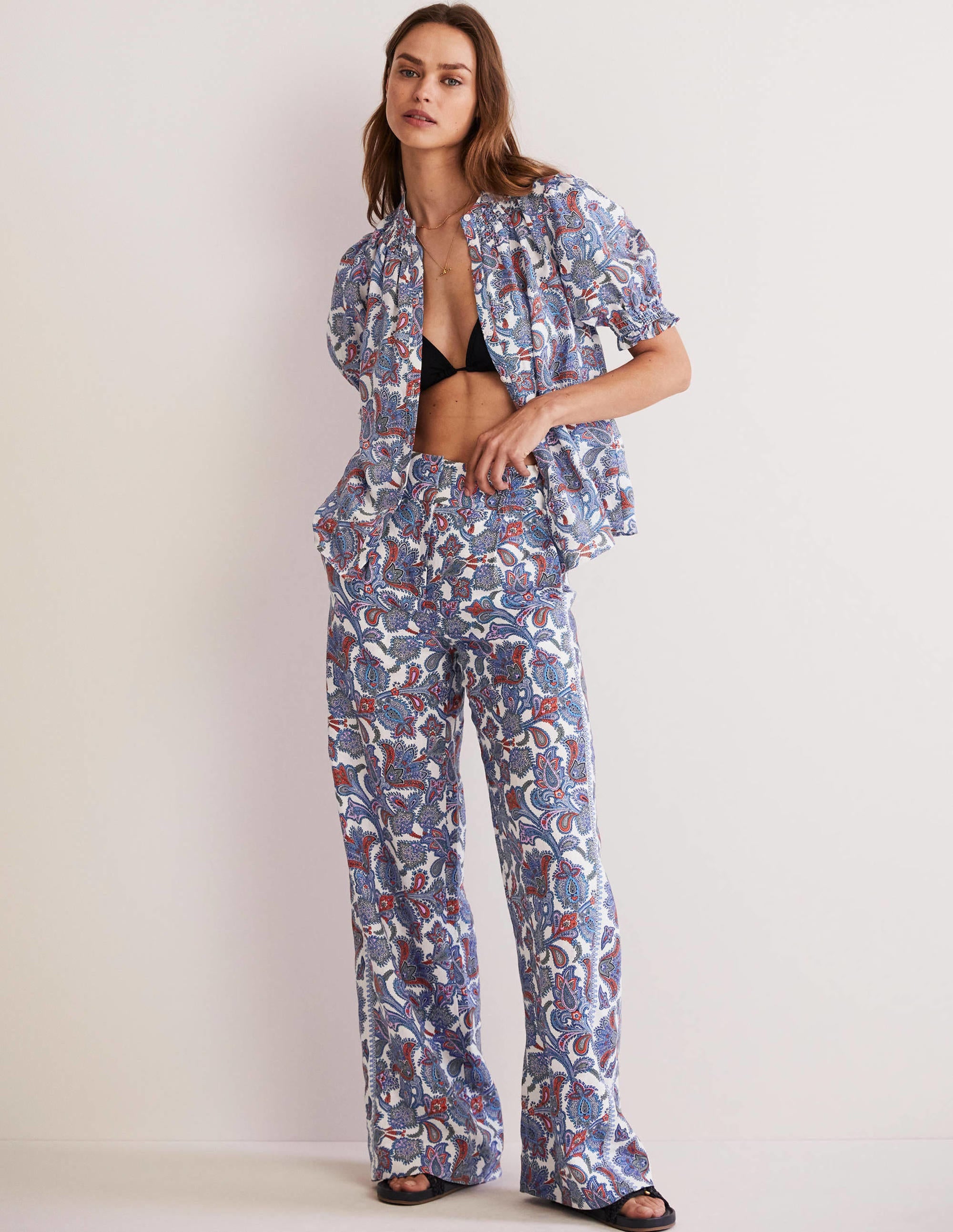 Pantalon large en lin-Multi, motif Paisley Bud - Image 1