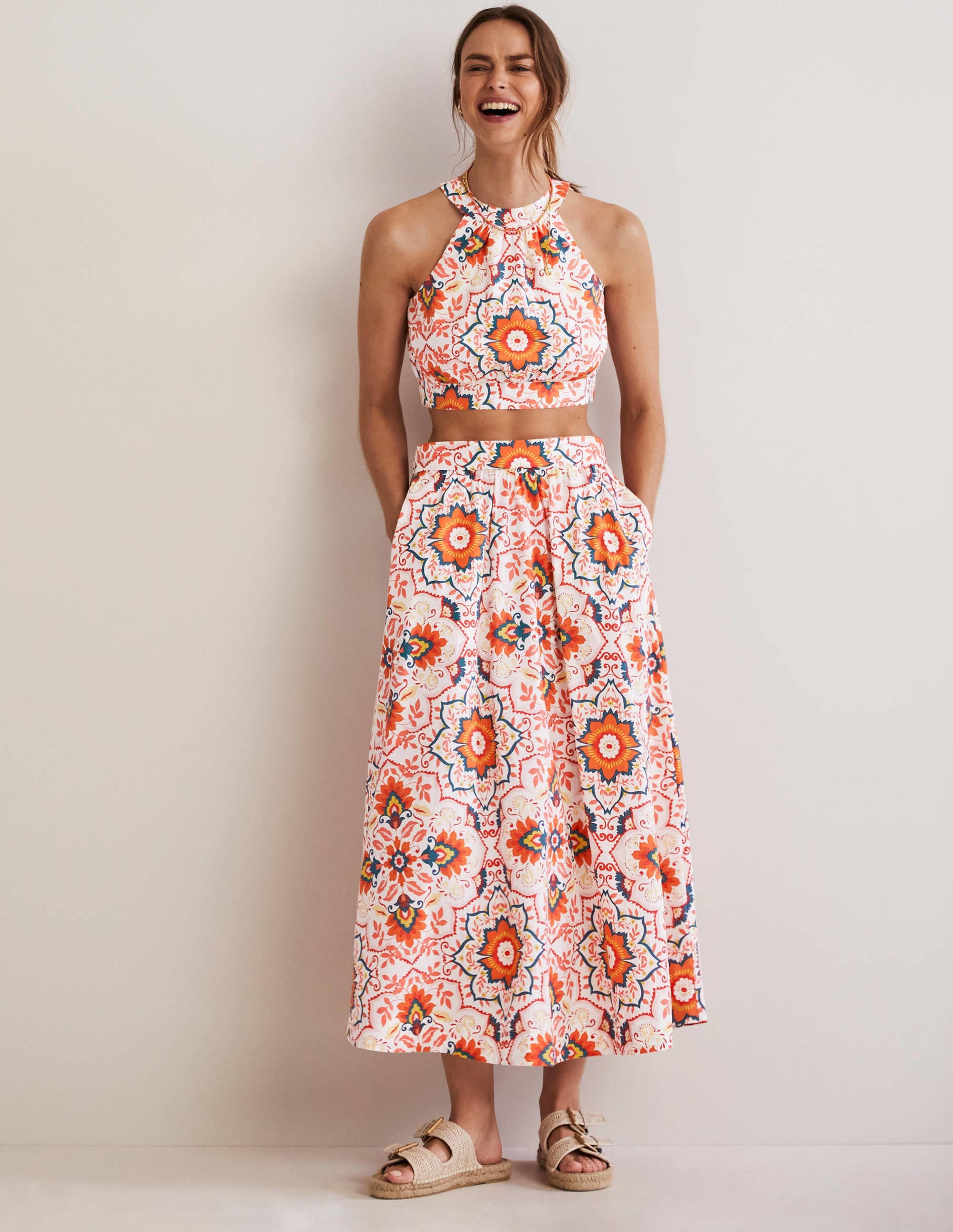 Pull On Cotton Midi Skirt-Multi, Bloomsbury - Image 1