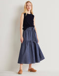 Tiered Belted Midi Skirt-Mid Vintage Denim