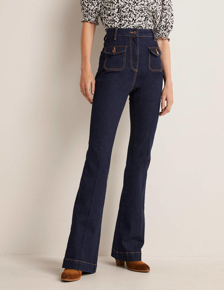 High Waist Flare Trousers-Indigo