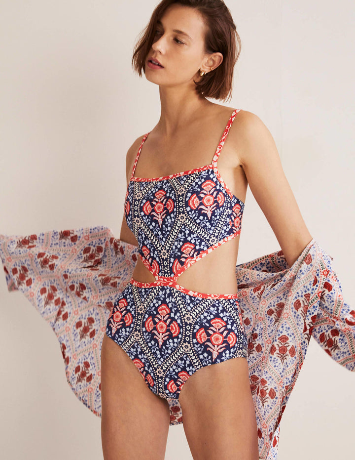 Alba Badeanzug mit Cut-out-Detail-Französisches Navy, Mohnblumen